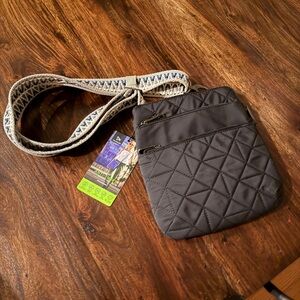Travelon Quilted Crossbody Sling Bag - Gray with Patterned Strap